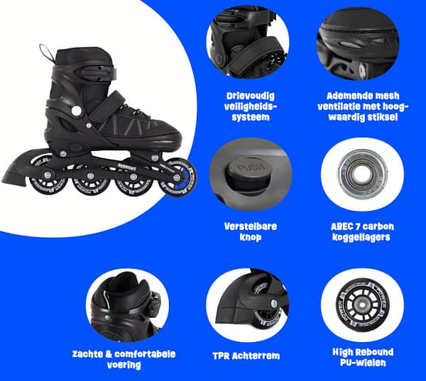 Verstelbare Inline Skates Semi-softboot Zwart maat 30-33 (S)