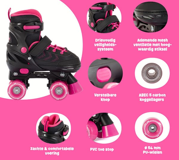 Verstelbare Rolschaatsen Semi-softboot Zwart/Roze maat 31-34 (S)